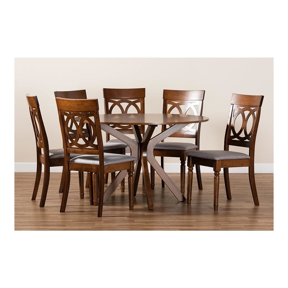 Grey Fabric Upholstered and Walnut Brown Finished Wood 7-Piece Dining Set