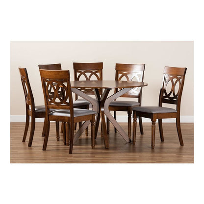 Grey Fabric Upholstered and Walnut Brown Finished Wood 7-Piece Dining Set