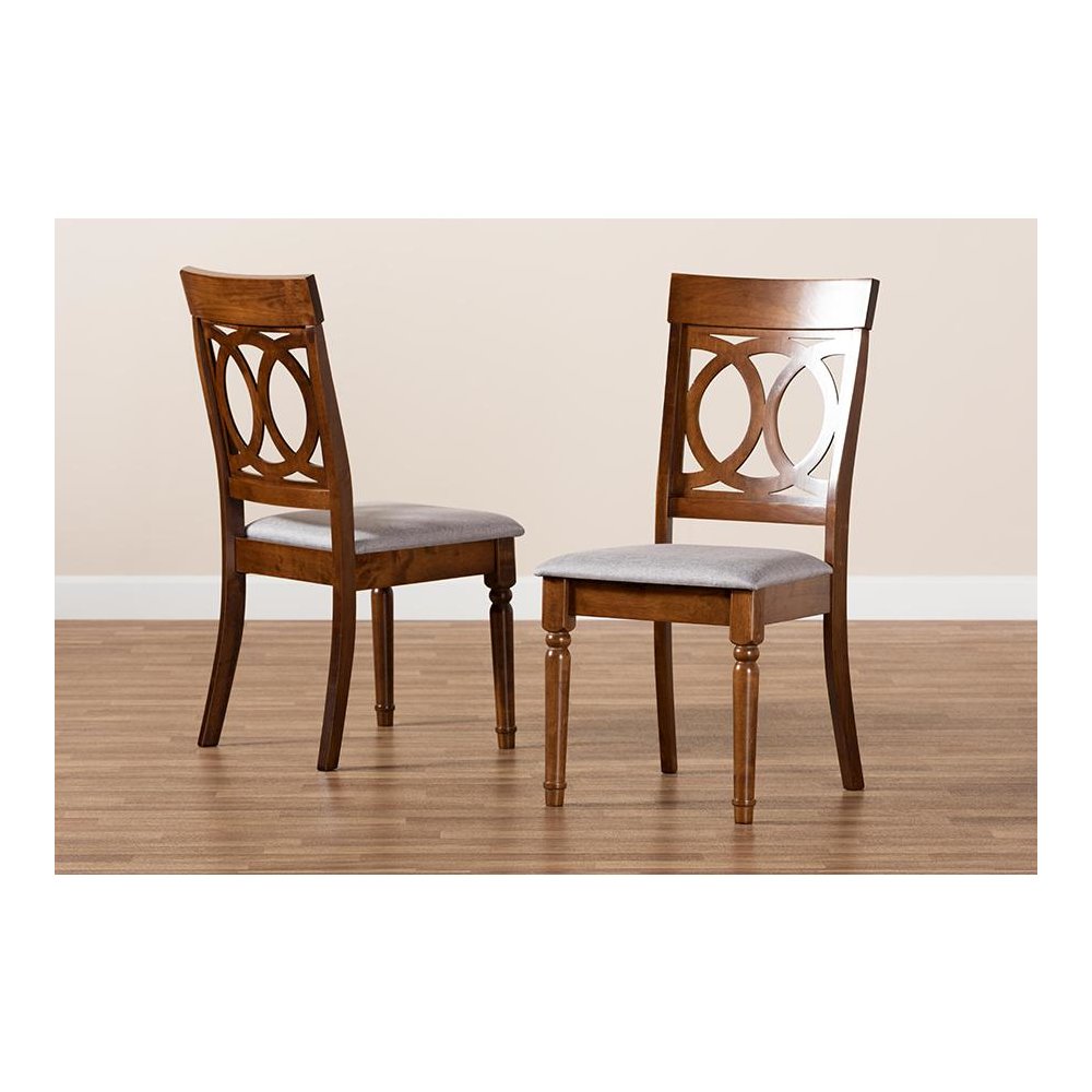 Grey Fabric Upholstered and Walnut Brown Finished Wood 2-Piece Dining Chair Set