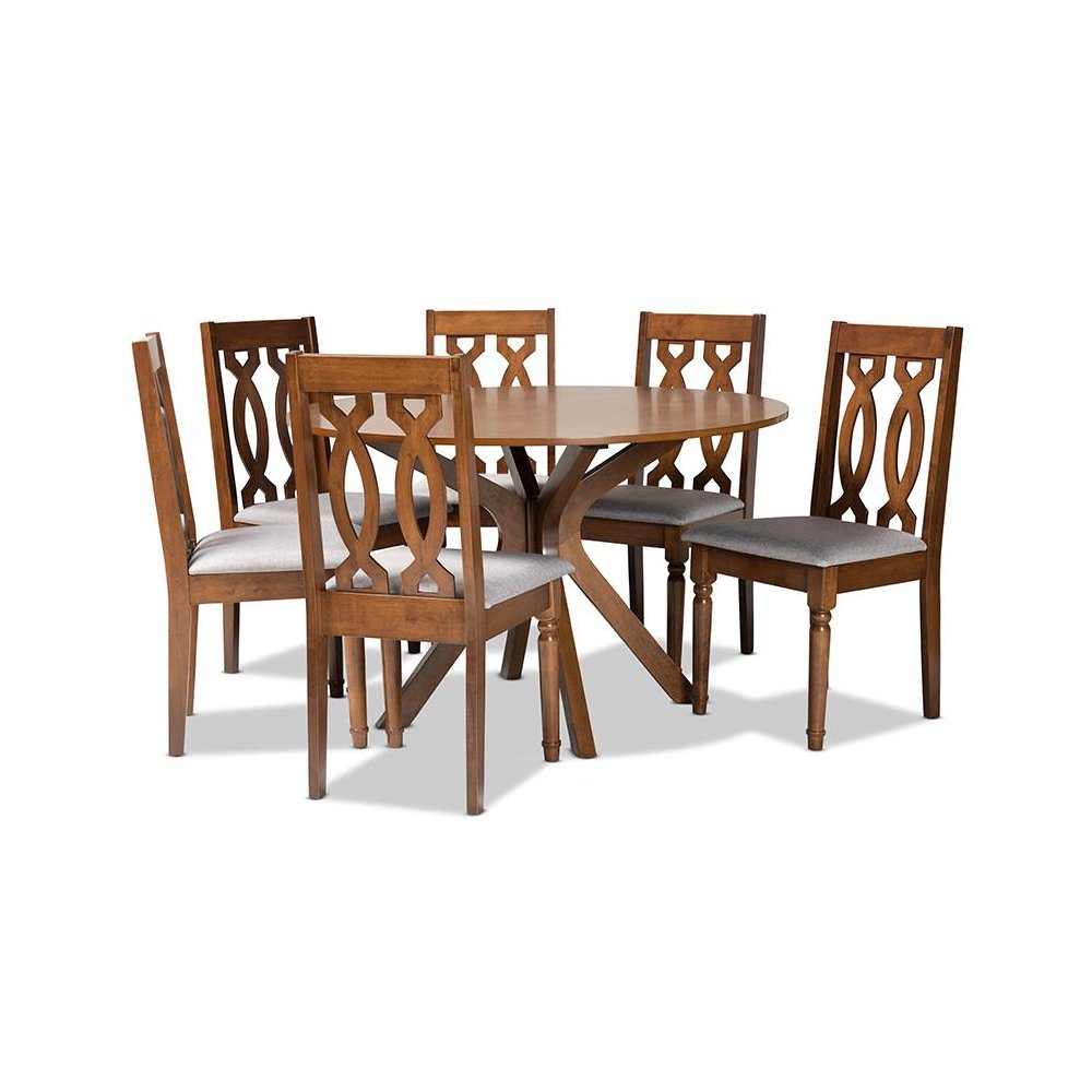 Grey Fabric Upholstered and Walnut Brown Finished Wood 7-Piece Dining Set