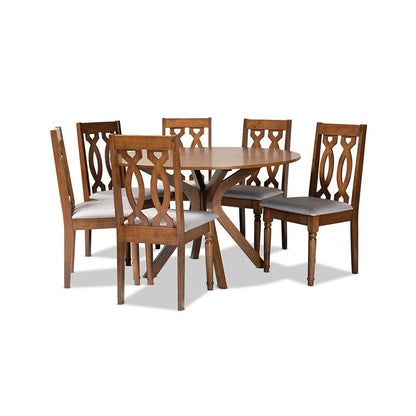 Grey Fabric Upholstered and Walnut Brown Finished Wood 7-Piece Dining Set
