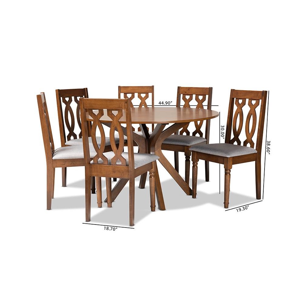 Grey Fabric Upholstered and Walnut Brown Finished Wood 7-Piece Dining Set