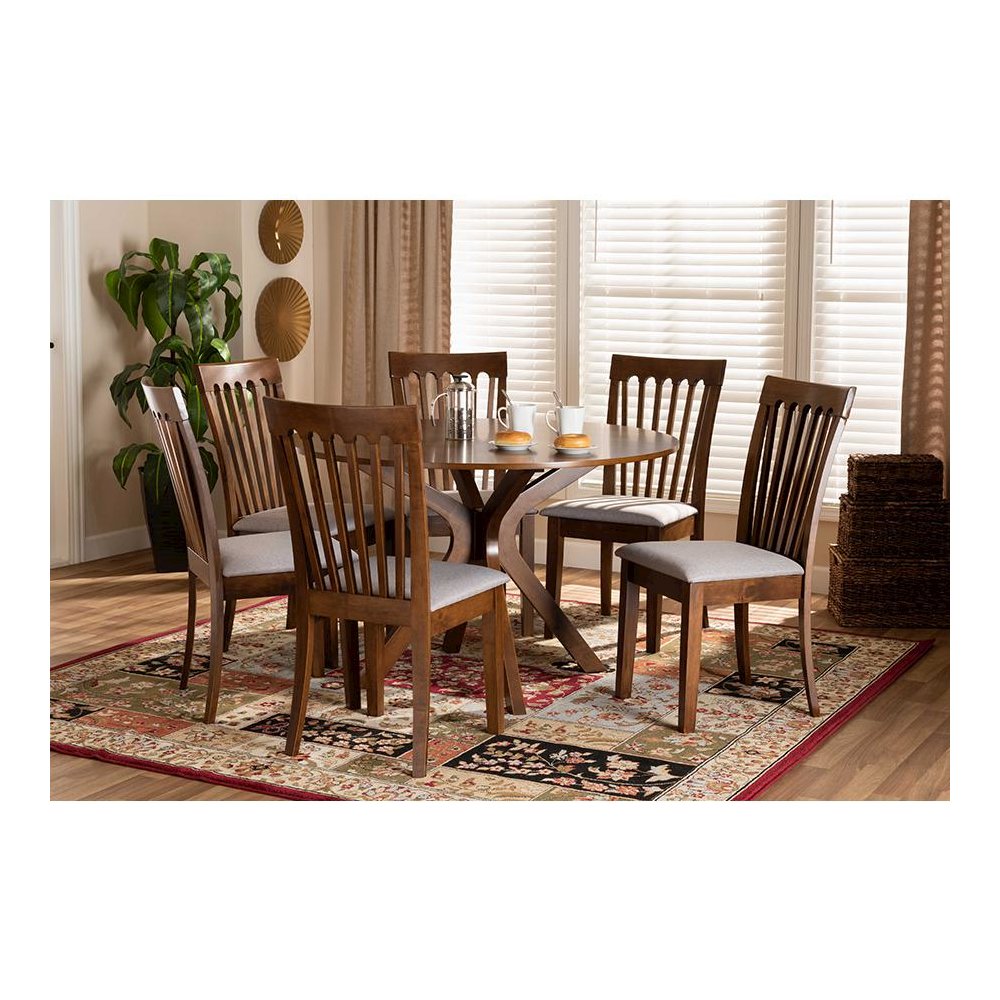 Grey Fabric Upholstered and Walnut Brown Finished Wood 7-Piece Dining Set