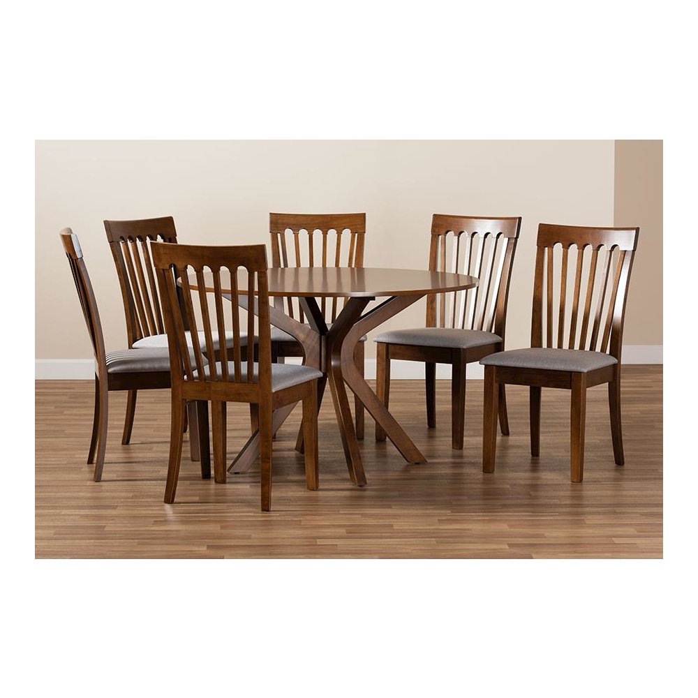 Grey Fabric Upholstered and Walnut Brown Finished Wood 7-Piece Dining Set