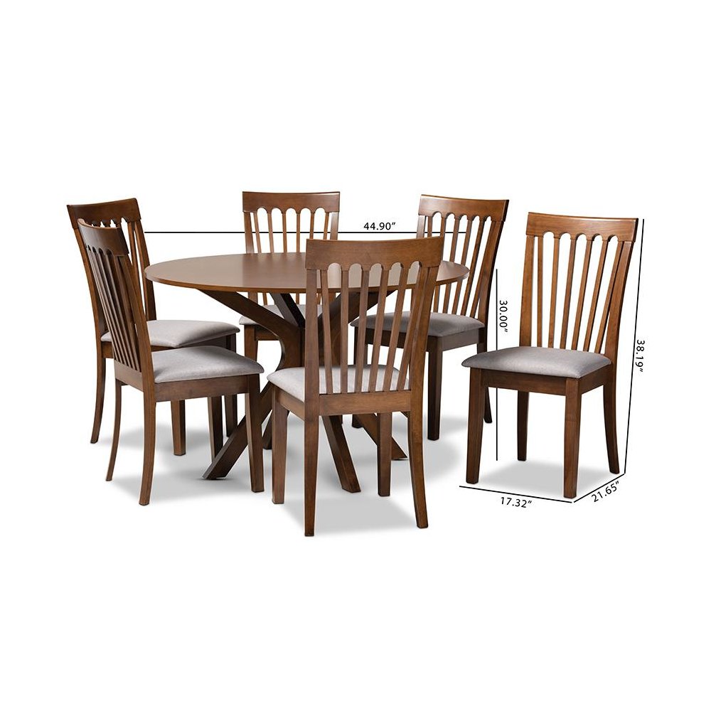 Grey Fabric Upholstered and Walnut Brown Finished Wood 7-Piece Dining Set