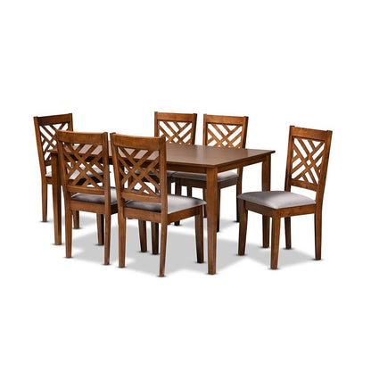 Grey Fabric Upholstered and Walnut Brown Finished Wood 7-Piece Dining Set