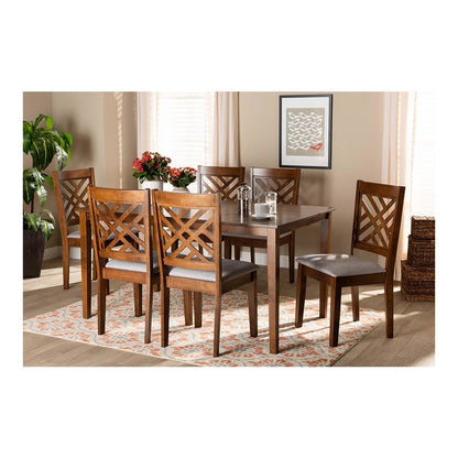 Grey Fabric Upholstered and Walnut Brown Finished Wood 7-Piece Dining Set