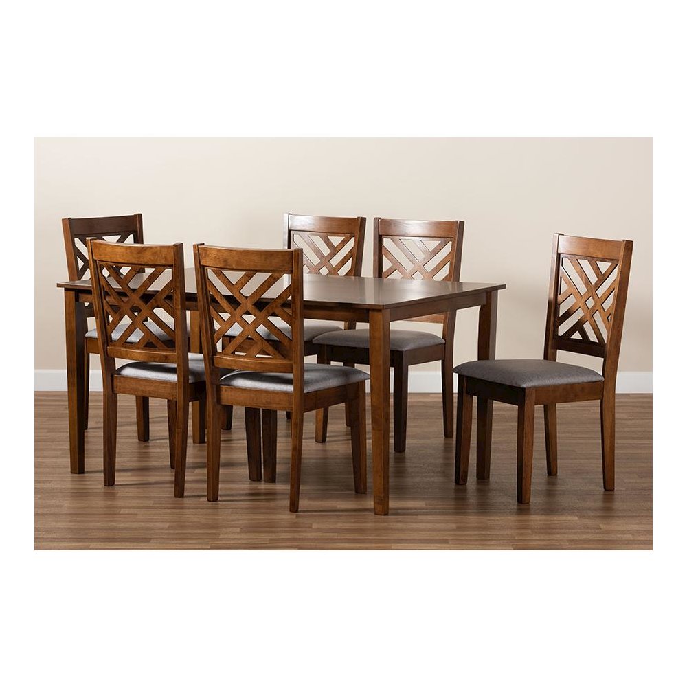 Grey Fabric Upholstered and Walnut Brown Finished Wood 7-Piece Dining Set