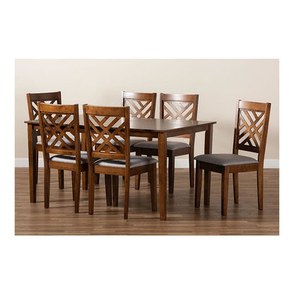 Grey Fabric Upholstered and Walnut Brown Finished Wood 7-Piece Dining Set