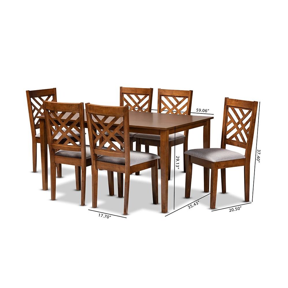 Grey Fabric Upholstered and Walnut Brown Finished Wood 7-Piece Dining Set