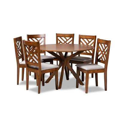 Grey Fabric Upholstered and Walnut Brown Finished Wood 7-Piece Dining Set