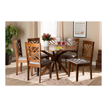 Grey Fabric Upholstered and Walnut Brown Finished Wood 7-Piece Dining Set