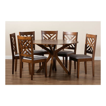 Grey Fabric Upholstered and Walnut Brown Finished Wood 7-Piece Dining Set