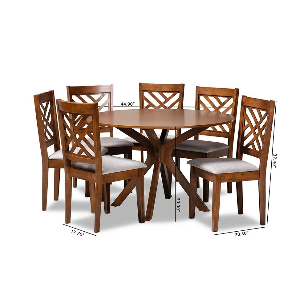 Grey Fabric Upholstered and Walnut Brown Finished Wood 7-Piece Dining Set