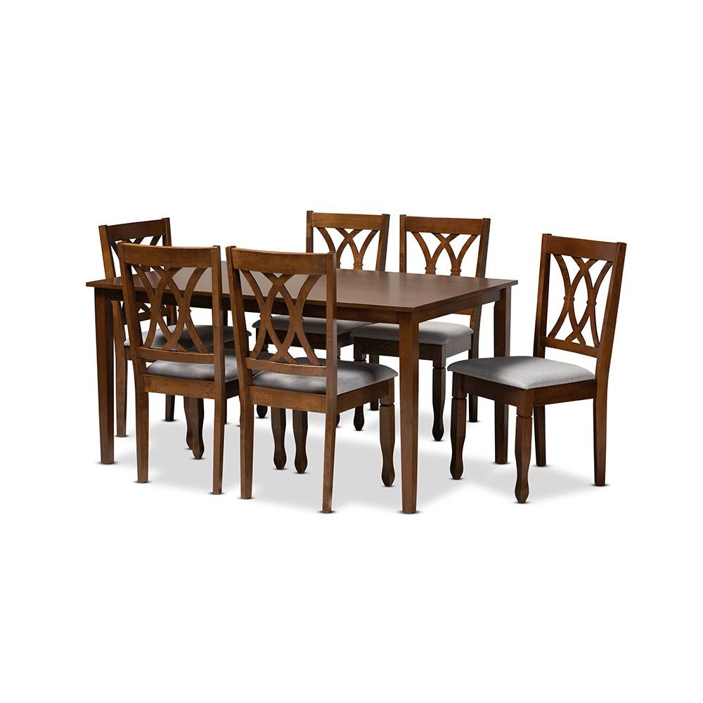 Grey Fabric Upholstered and Walnut Brown Finished Wood 7-Piece Dining Set