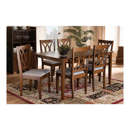 Grey Fabric Upholstered and Walnut Brown Finished Wood 7-Piece Dining Set