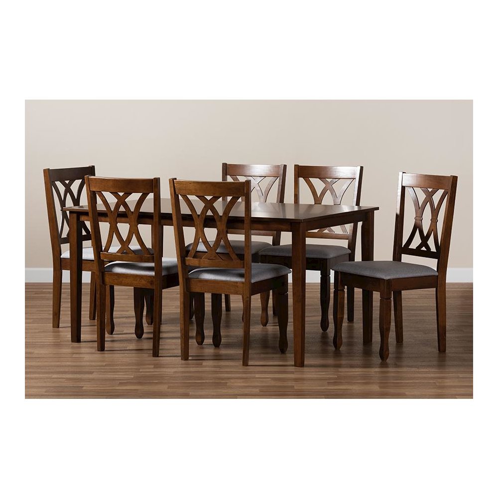 Grey Fabric Upholstered and Walnut Brown Finished Wood 7-Piece Dining Set
