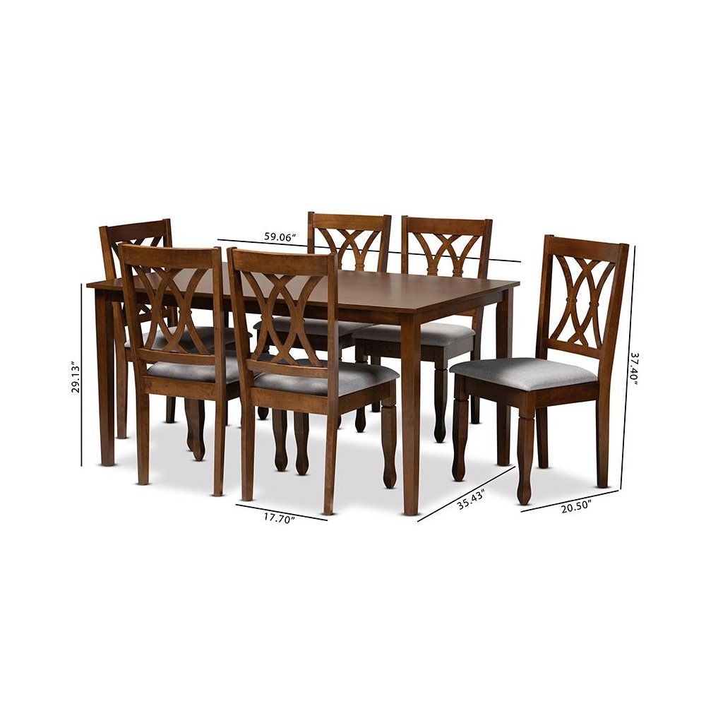 Grey Fabric Upholstered and Walnut Brown Finished Wood 7-Piece Dining Set