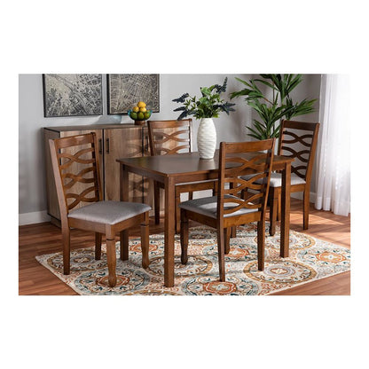 Grey Fabric Upholstered and Walnut Brown Finished Wood 5-Piece Dining Set