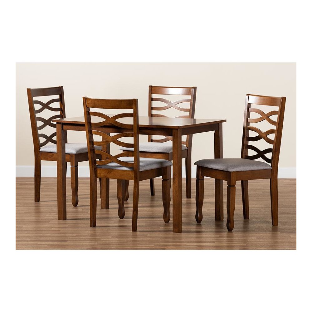 Grey Fabric Upholstered and Walnut Brown Finished Wood 5-Piece Dining Set