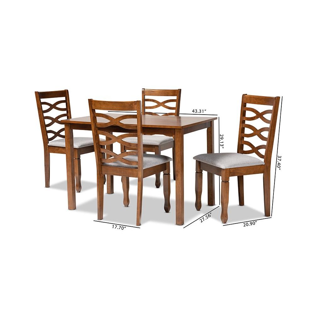 Grey Fabric Upholstered and Walnut Brown Finished Wood 5-Piece Dining Set