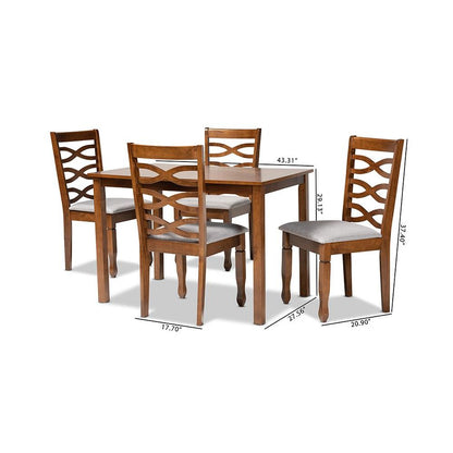 Grey Fabric Upholstered and Walnut Brown Finished Wood 5-Piece Dining Set
