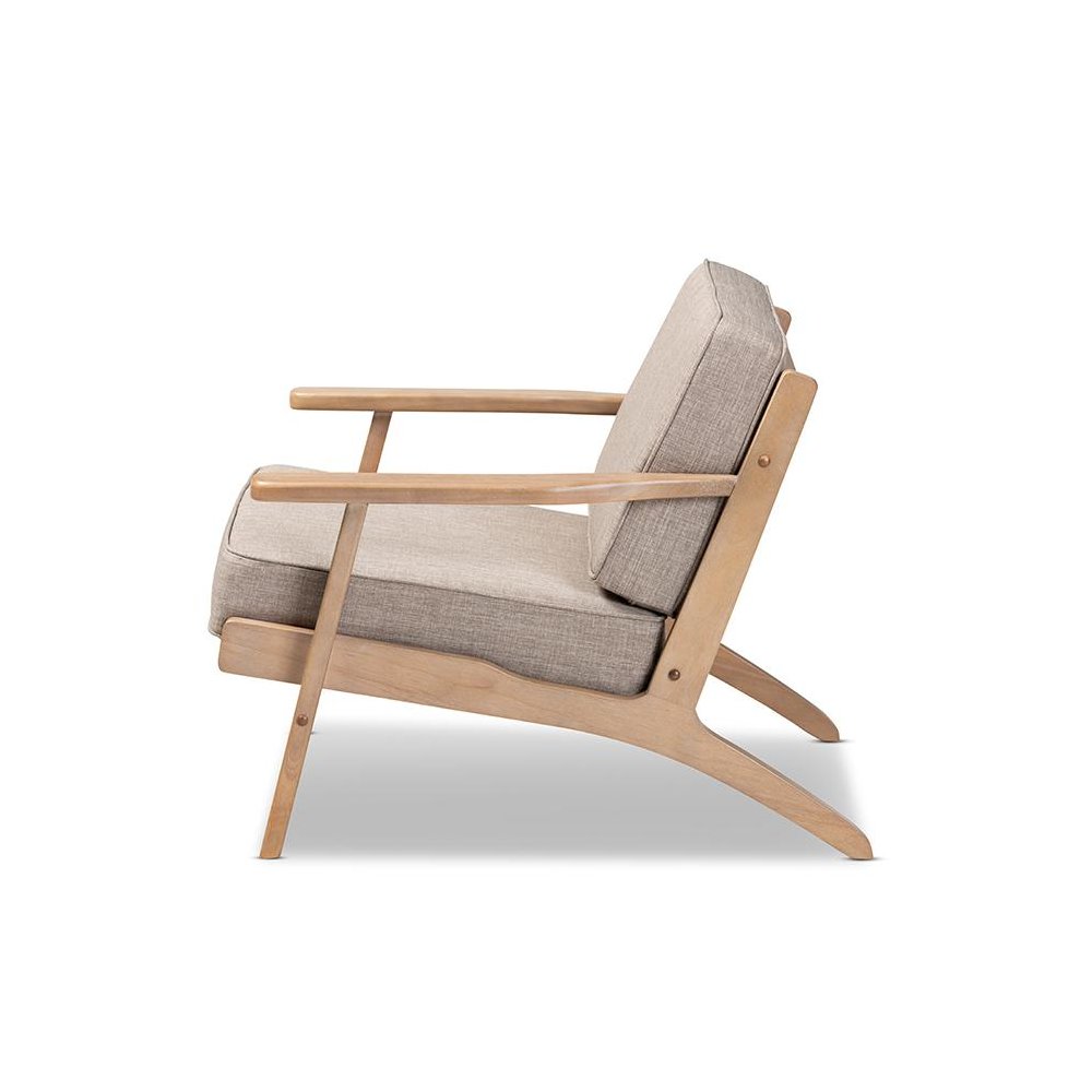 Light Grey Fabric Upholstered Antique Oak Finished Wood Armchair