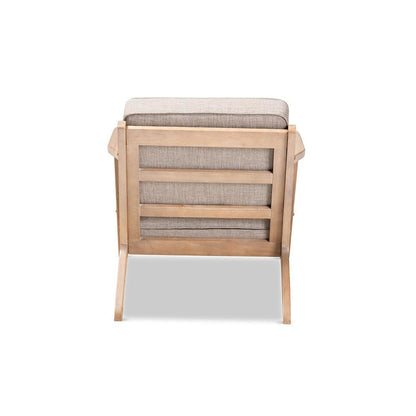 Light Grey Fabric Upholstered Antique Oak Finished Wood Armchair