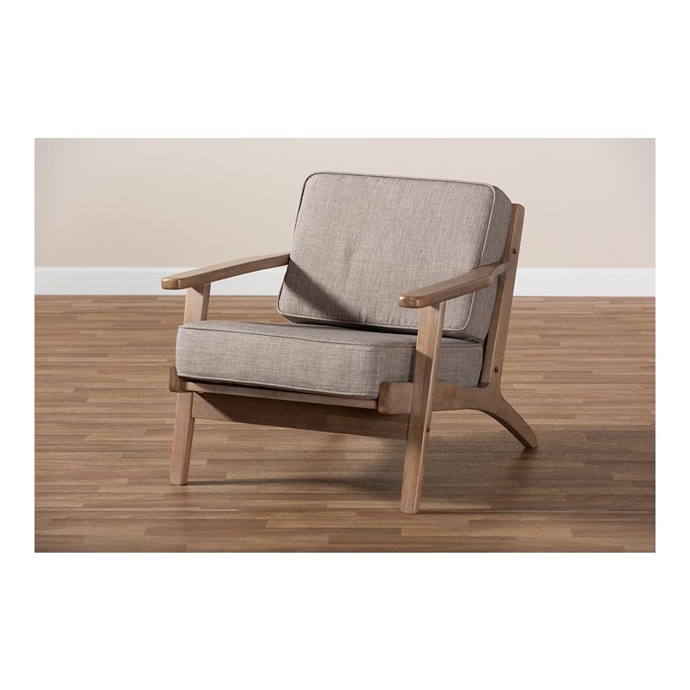 Light Grey Fabric Upholstered Antique Oak Finished Wood Armchair