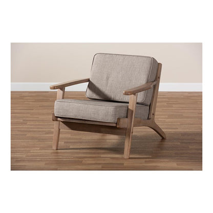 Light Grey Fabric Upholstered Antique Oak Finished Wood Armchair