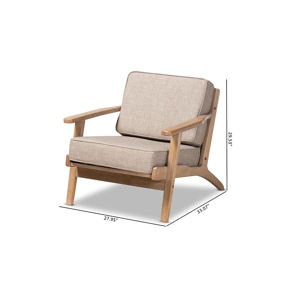 Light Grey Fabric Upholstered Antique Oak Finished Wood Armchair