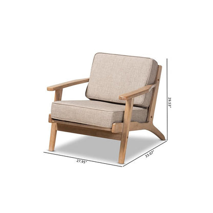 Light Grey Fabric Upholstered Antique Oak Finished Wood Armchair