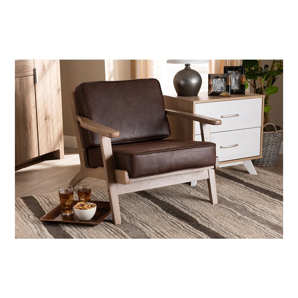Leather Effect Fabric Upholstered Antique Oak Finished Wood Armchair