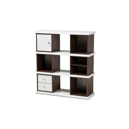 Two-Tone White and Walnut Brown Finished 2-Drawer Bookcase