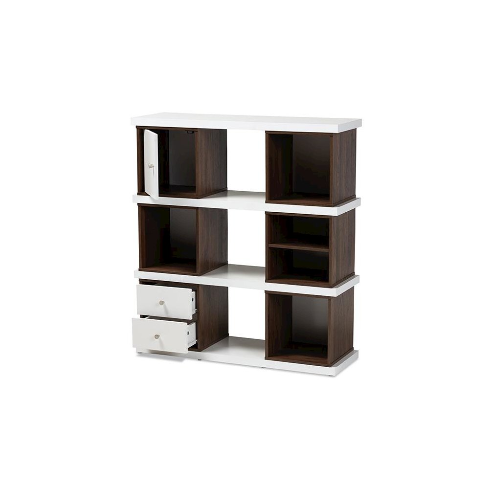 Two-Tone White and Walnut Brown Finished 2-Drawer Bookcase