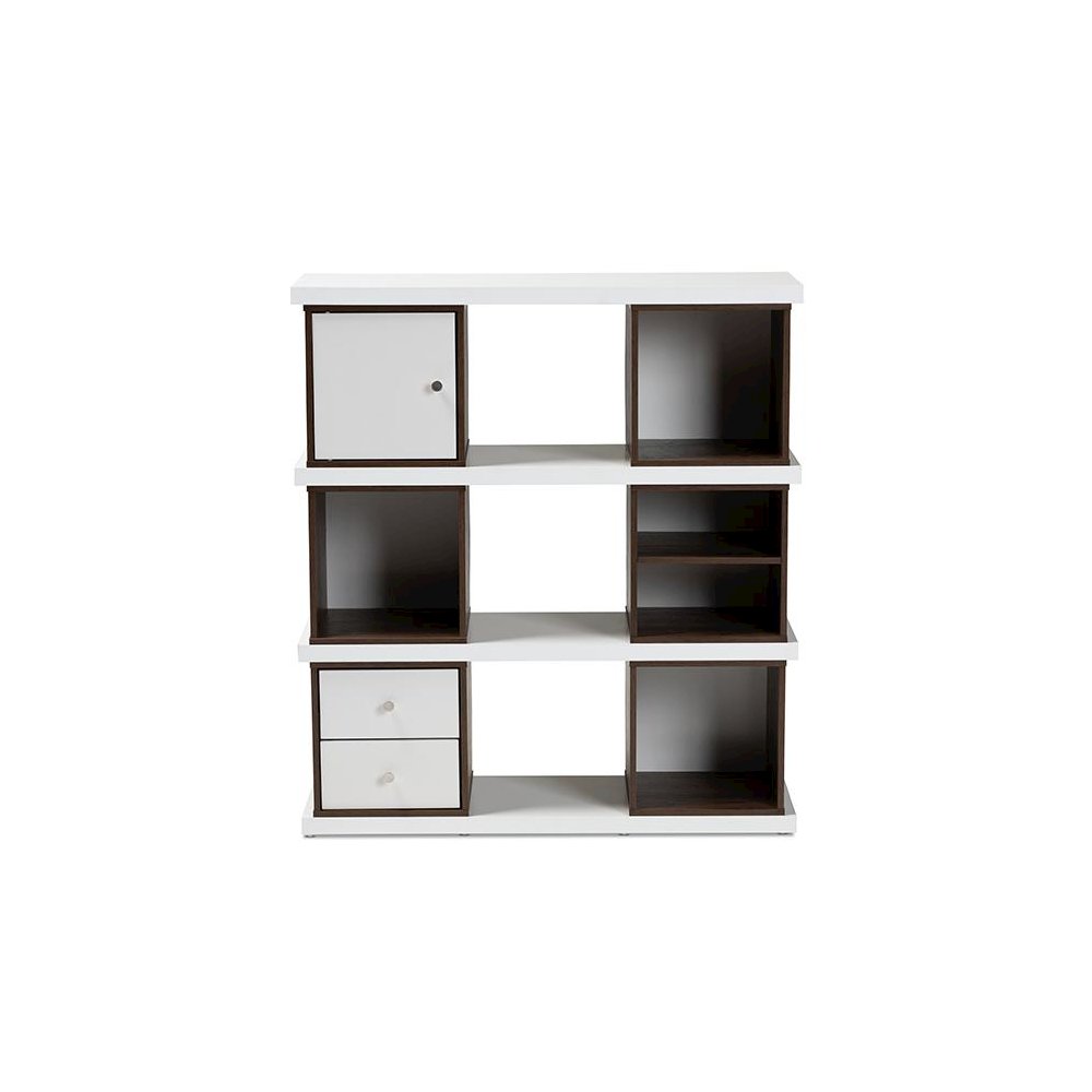 Two-Tone White and Walnut Brown Finished 2-Drawer Bookcase