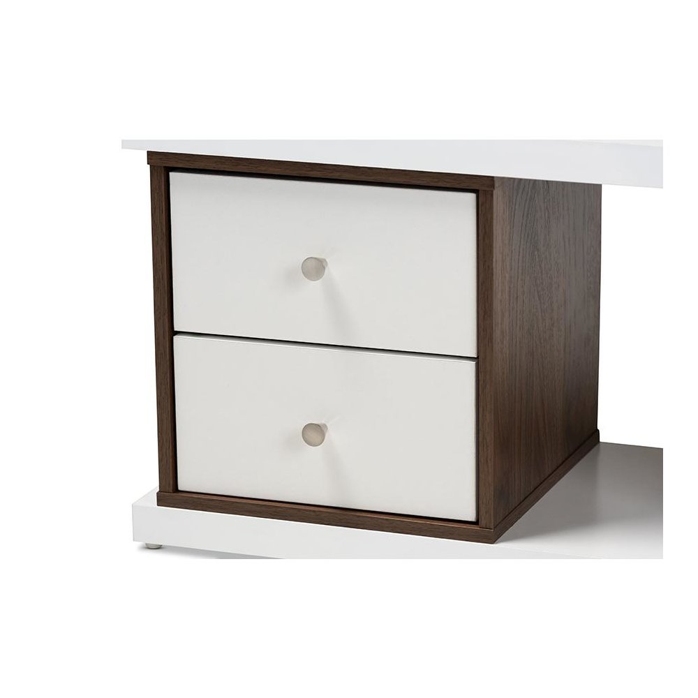 Two-Tone White and Walnut Brown Finished 2-Drawer Bookcase