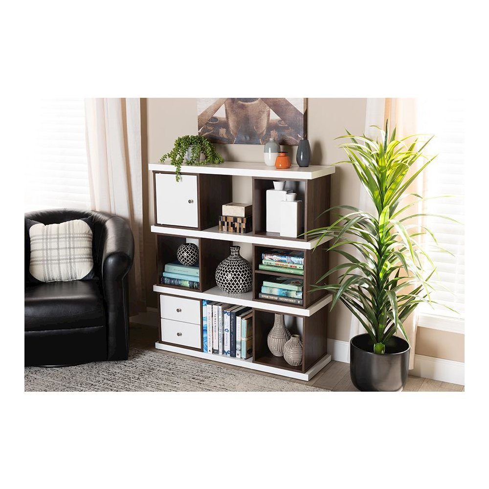 Two-Tone White and Walnut Brown Finished 2-Drawer Bookcase