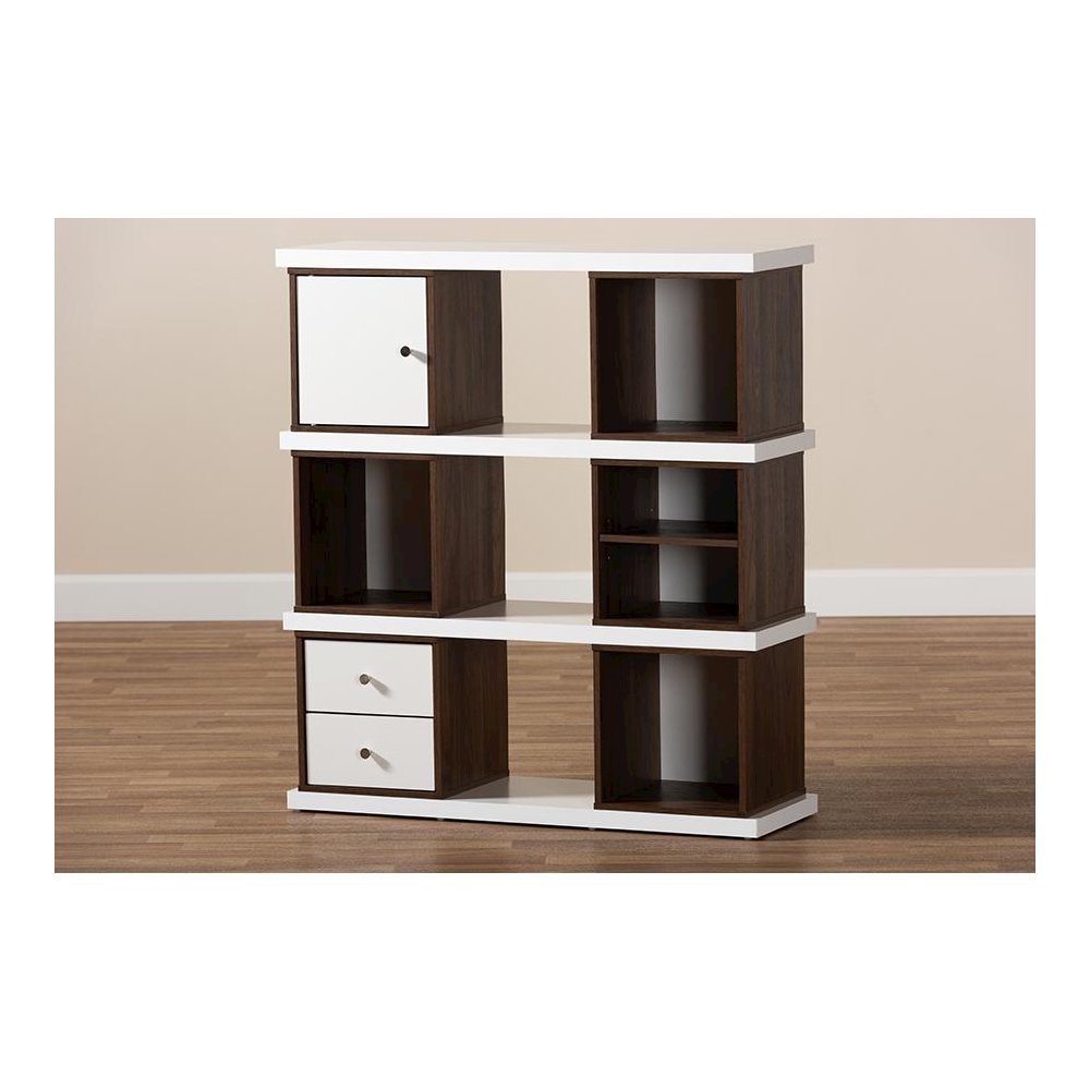 Two-Tone White and Walnut Brown Finished 2-Drawer Bookcase