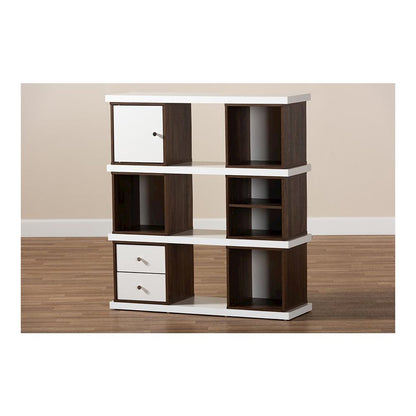 Two-Tone White and Walnut Brown Finished 2-Drawer Bookcase