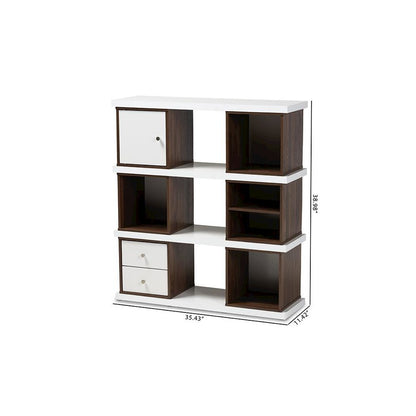Two-Tone White and Walnut Brown Finished 2-Drawer Bookcase