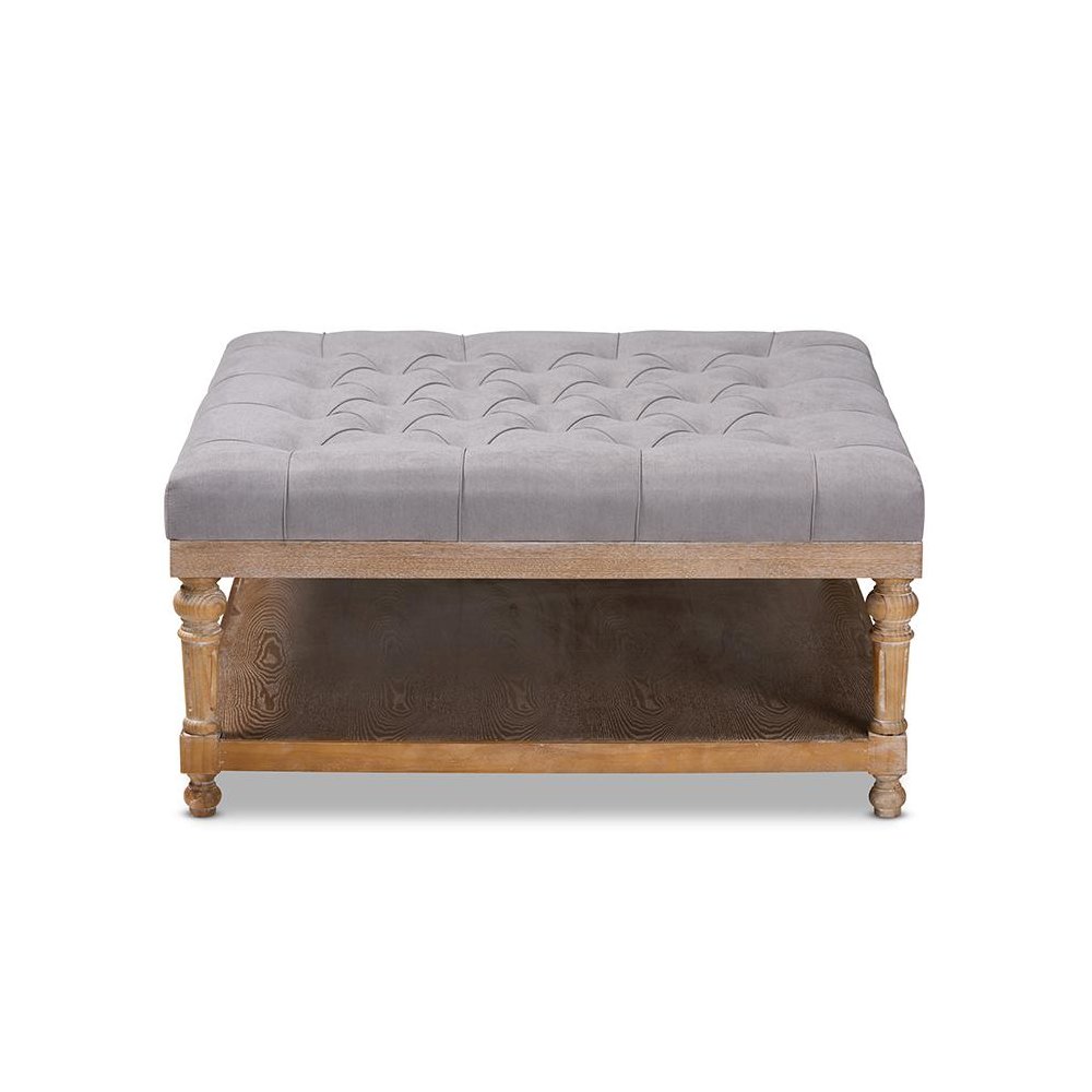 and Rustic Grey Linen Fabric Upholstered and Greywashed Wood Cocktail Ottoman