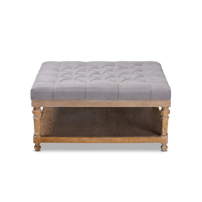 and Rustic Grey Linen Fabric Upholstered and Greywashed Wood Cocktail Ottoman