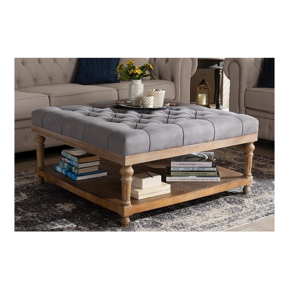 and Rustic Grey Linen Fabric Upholstered and Greywashed Wood Cocktail Ottoman