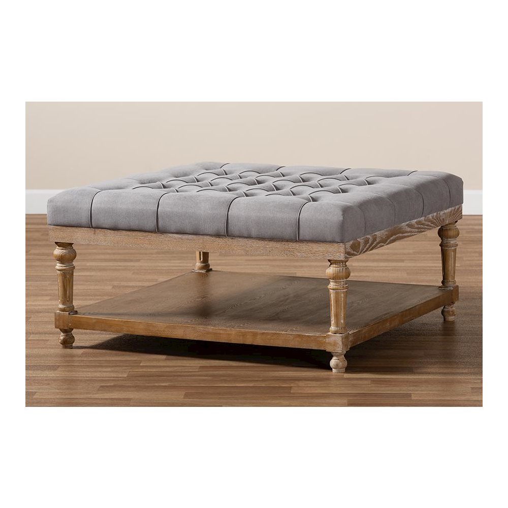 and Rustic Grey Linen Fabric Upholstered and Greywashed Wood Cocktail Ottoman