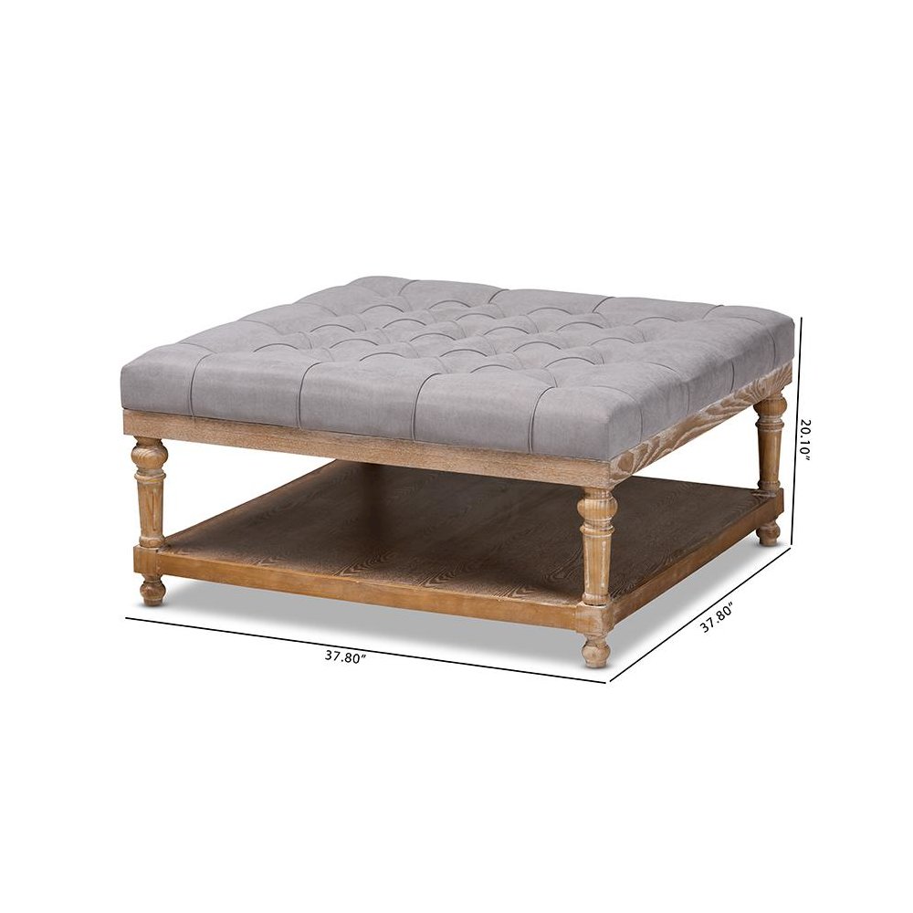and Rustic Grey Linen Fabric Upholstered and Greywashed Wood Cocktail Ottoman