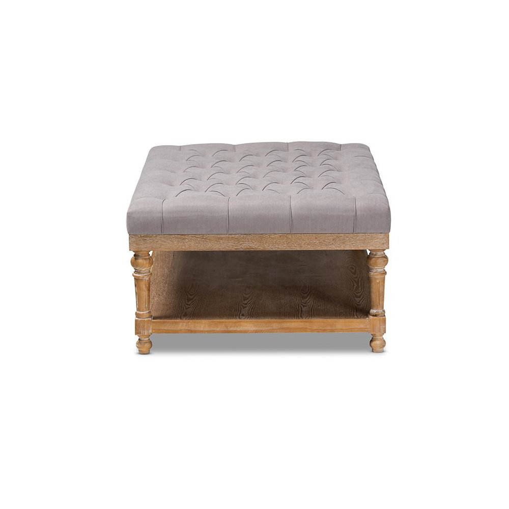 and Rustic Grey Linen Fabric Upholstered and Greywashed Wood Cocktail Ottoman
