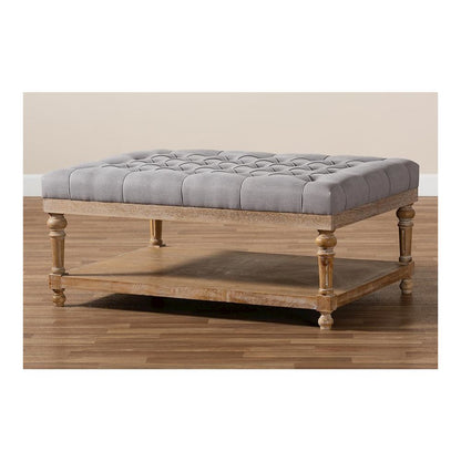 and Rustic Grey Linen Fabric Upholstered and Greywashed Wood Cocktail Ottoman