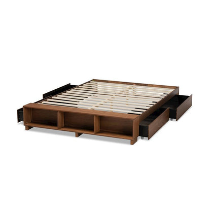 Brown Finished Wood Full Size Platform Bed with Built-In Shelves