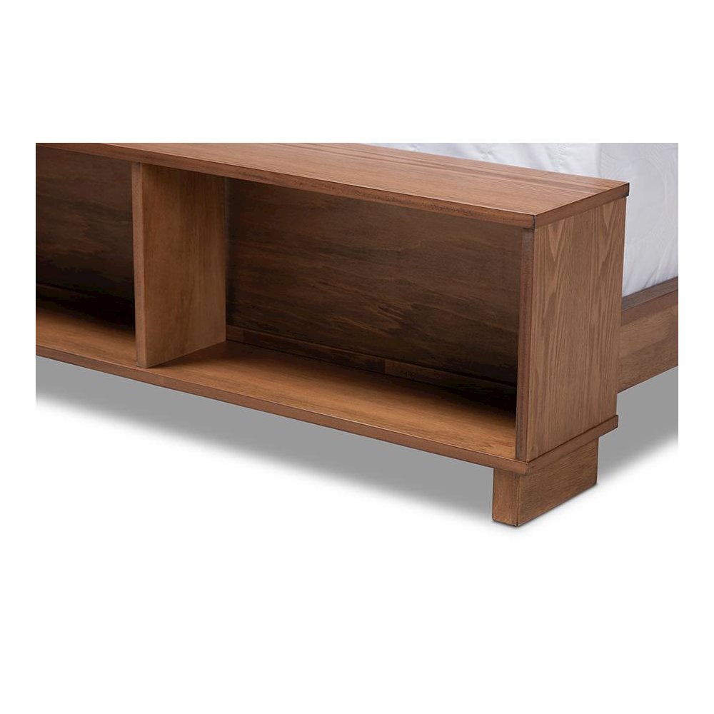Walnut Brown Finished Wood Full Size Platform Storage Bed with Built-In Shelves